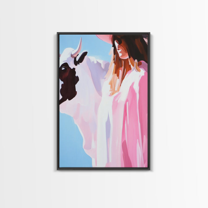 Cowgirl and Cow, black cowgirl painting, coastal cowgirl wall art, western decor, gift idea for her, boho art, light pink wall art, Canvas Print
