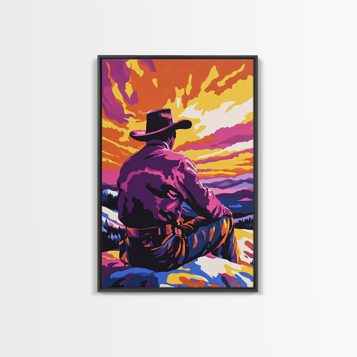 Cowboy at Sunset, western decor, southwest wall art, pink orange wall art, gift idea for him, moody art, panoramic art, Canvas Print