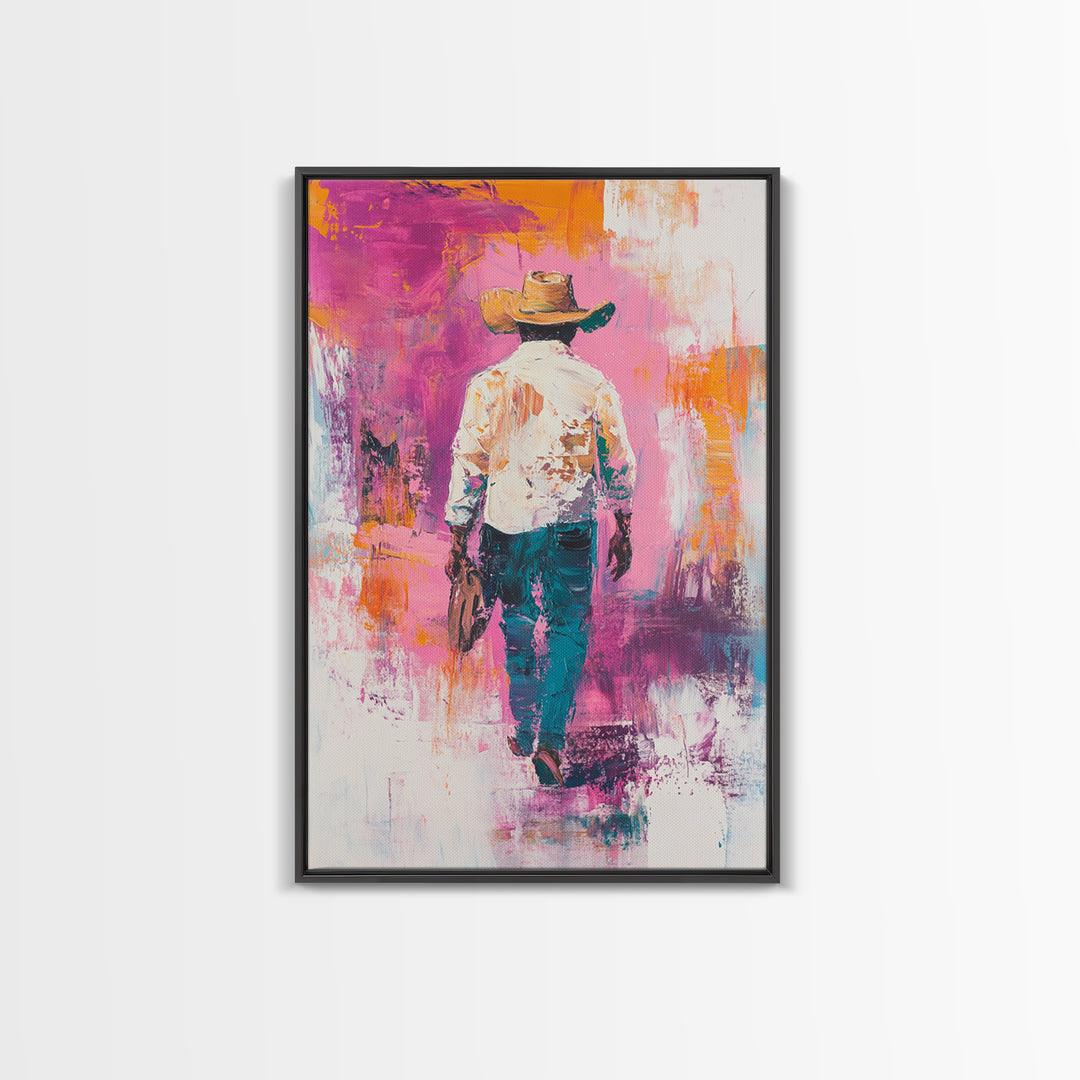 Cowboy Walking, chicano art, western aesthetic, rustic wall art, farmhouse art, moody art, bold colors, Framed Canvas Print