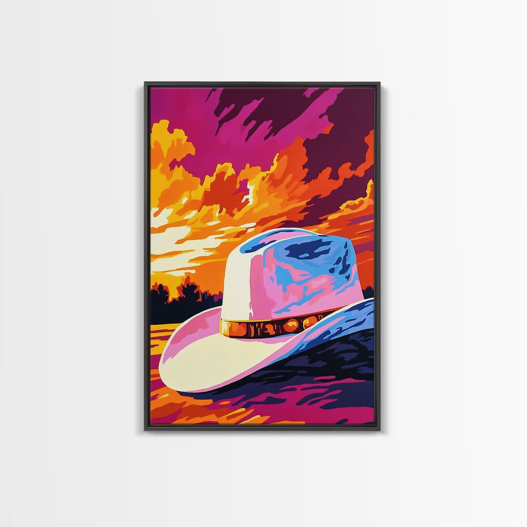 Cowboy Hat, Sunset Art, Rustic Wall Art, Pink Orange Wall Art, Canvas Print, Western Decor, Farmhouse Art, Above Couch Art