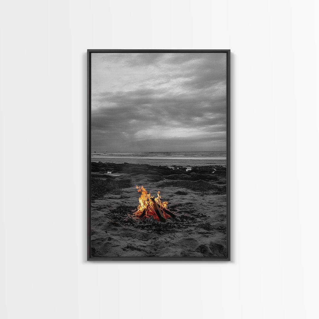 Beach bonfire, coastal art, ocean sunset, framed canvas print, nautical decor, seascape painting, cozy fire, moody beach art, fall vibes