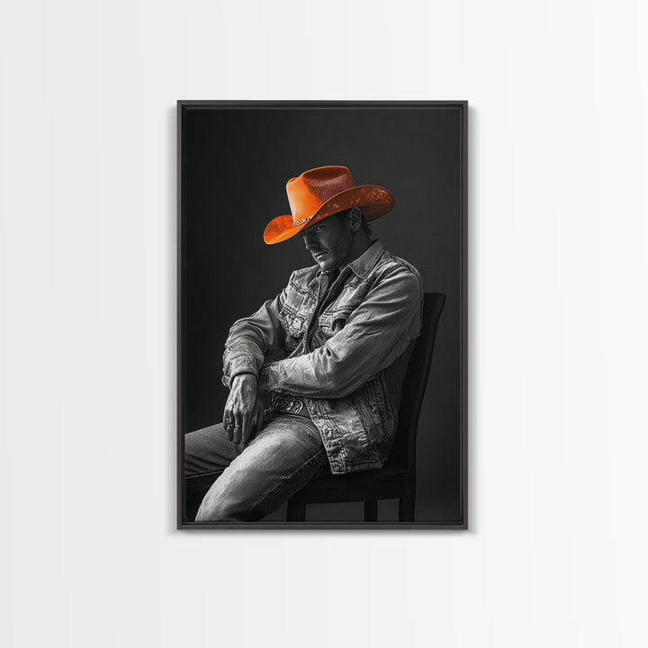 Cowboy portrait, rustic art, western style, framed canvas print, country decor, cowboy hat, moody photography, black and white wall art
