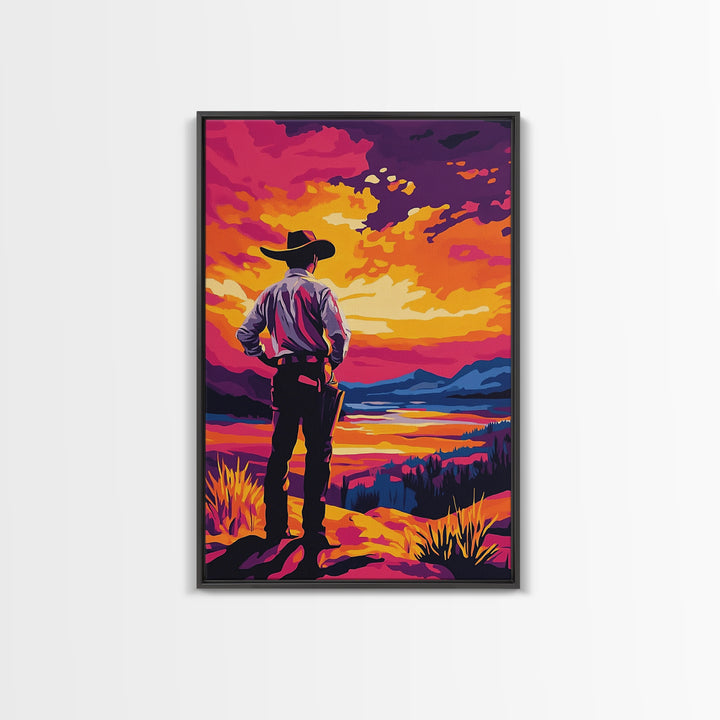 Cowboy at Sunset, pink orange wall art, Joshua tree art, southwest wall art, framed canvas print, landscape painting, moody art