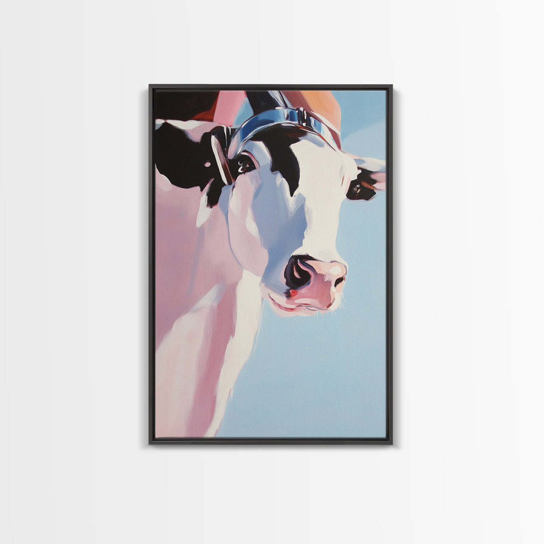 Cow with Hat, farmhouse art, black cowgirl painting, rustic decor, framed canvas print, whimsical art, light pink wall art