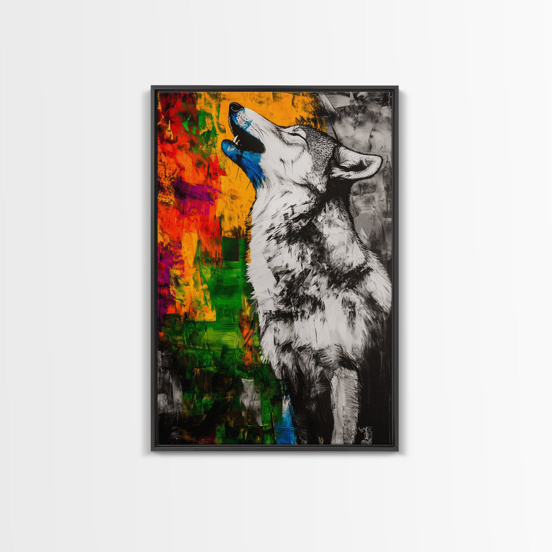 Black and White Wolf, graffiti wall art, rustic decor, moody art, southwest wall art, framed canvas print, dark romance painting