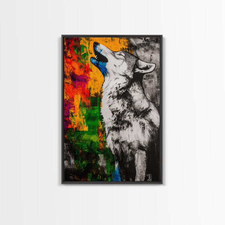 Black and White Wolf, graffiti wall art, rustic decor, moody art, southwest wall art, framed canvas print, dark romance painting