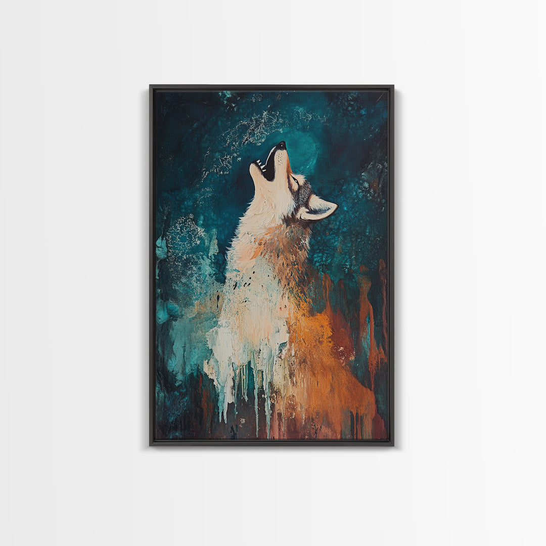 Abstract Wolf, howling at moon, moody blue tones, modern rustic art, wildlife painting, framed canvas print, dark romance painting