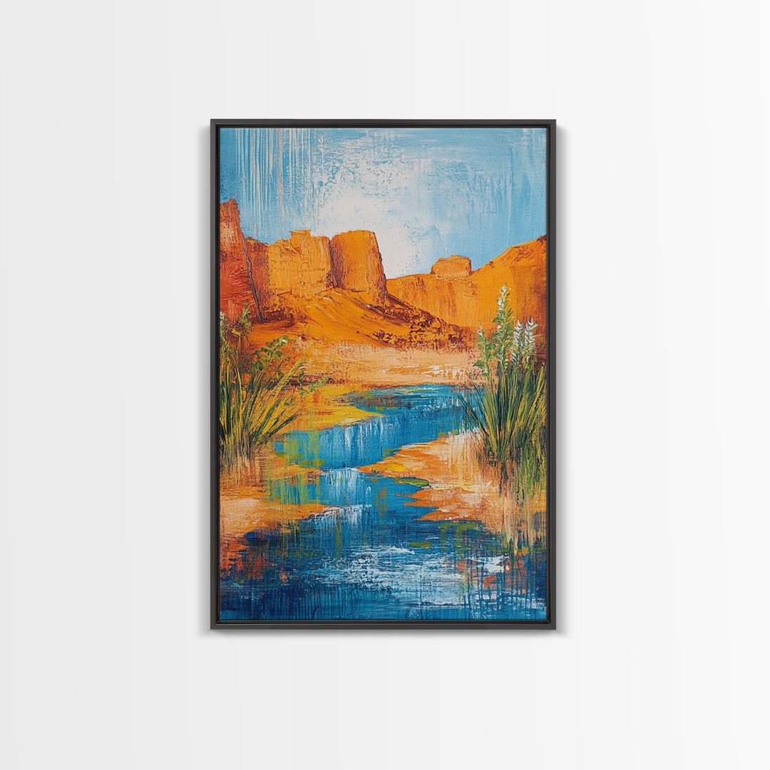 Desert Oasis, vivid landscape, blue water, rustic nature art, warm tones, panoramic painting, framed canvas print, southwest wall art