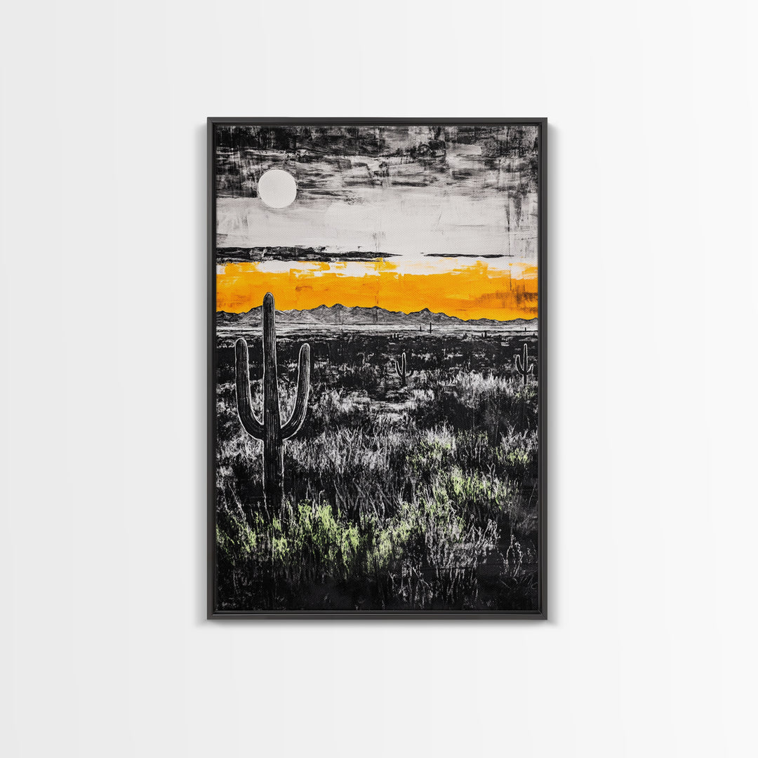 Cactus Sunset, black and white, moody desert art, yellow skyline, Joshua tree art, framed canvas print, extra wide art, rustic decor