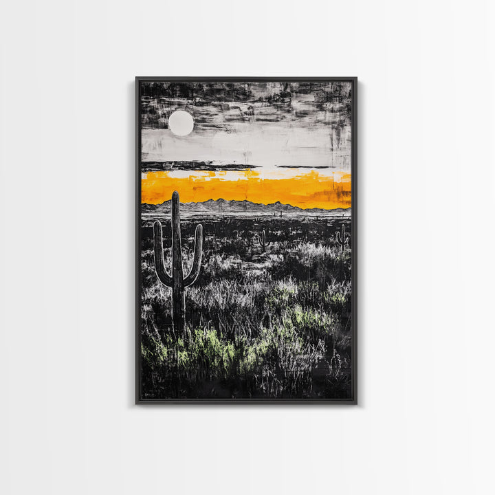Cactus Sunset, black and white, moody desert art, yellow skyline, Joshua tree art, framed canvas print, extra wide art, rustic decor