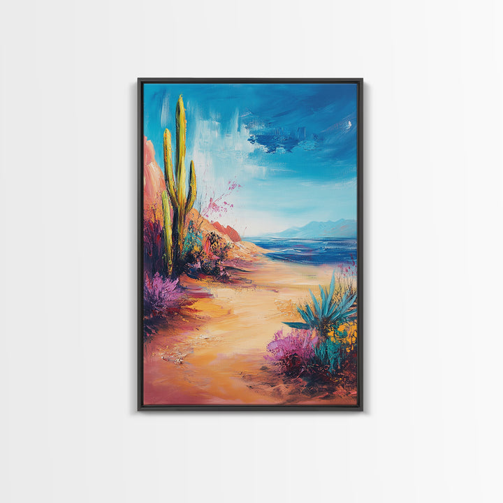 Beach Cactus, coastal landscape, vibrant colors, blue sky, desert meets sea, framed canvas print, coastal cowgirl wall art, boho art