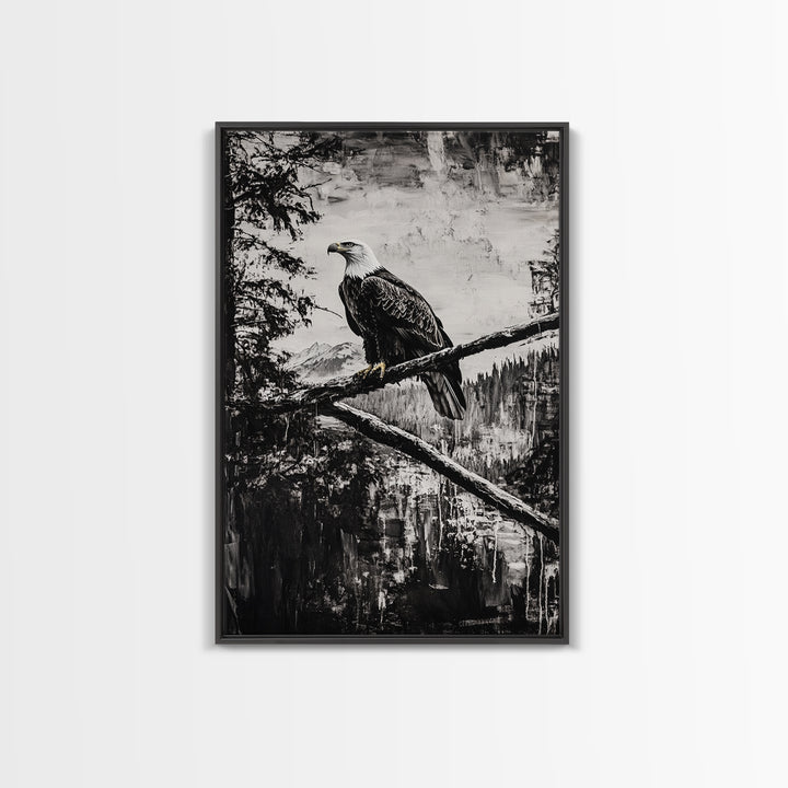 Bald Eagle, majestic bird, black and white, rustic decor, wildlife painting, nature art, framed canvas print, farmhouse wall art