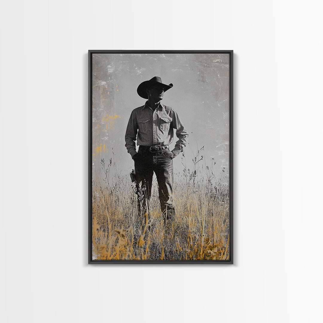 Lone Cowboy, Rustic Art, Western Wall Art, Wabi Sabi Art, Vintage Horse Art, Moody Art, Canvas Print, Framed Cowboy Painting