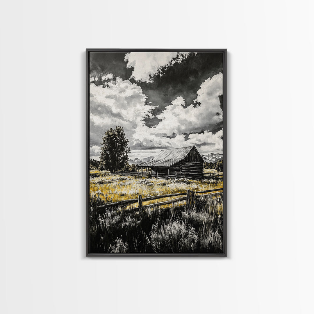 Rustic Barn, Farmhouse Art, Canvas Print, rustic wall art, barn landscape oil painting, smoky mountain art, wabi sabi wall art, vintage Christmas