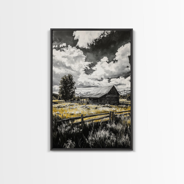 Rustic Barn, Farmhouse Art, Canvas Print, rustic wall art, barn landscape oil painting, smoky mountain art, wabi sabi wall art, vintage Christmas