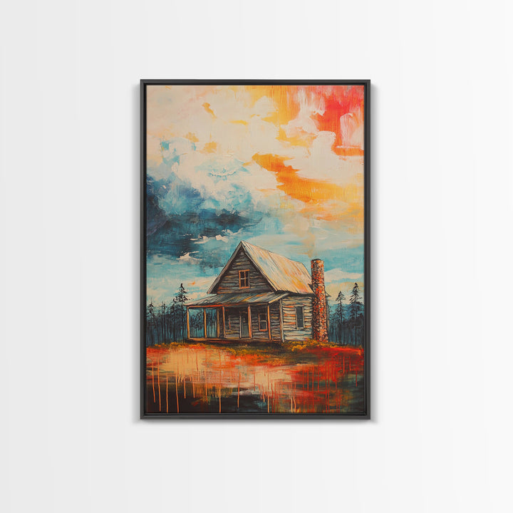 Cabin Painting, Autumn Landscape, Framed Canvas Print, rustic decor, mountain painting, landscape painting, smoky mountain art, extra wide art