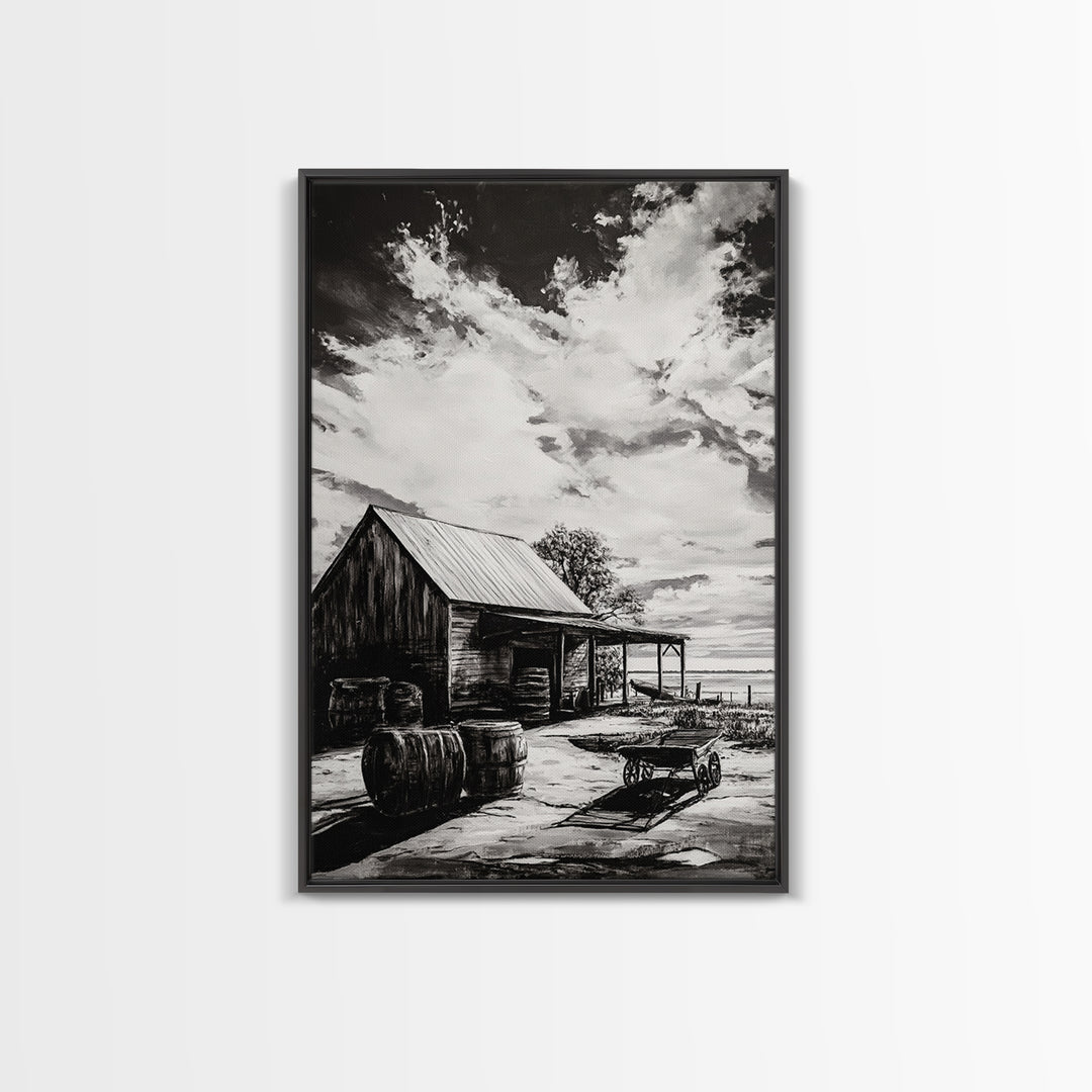 Vintage Barn, Rustic Landscape, Canvas Print, farmhouse art, rustic wall art, barn landscape oil painting, moody art, above couch art, wabi sabi art