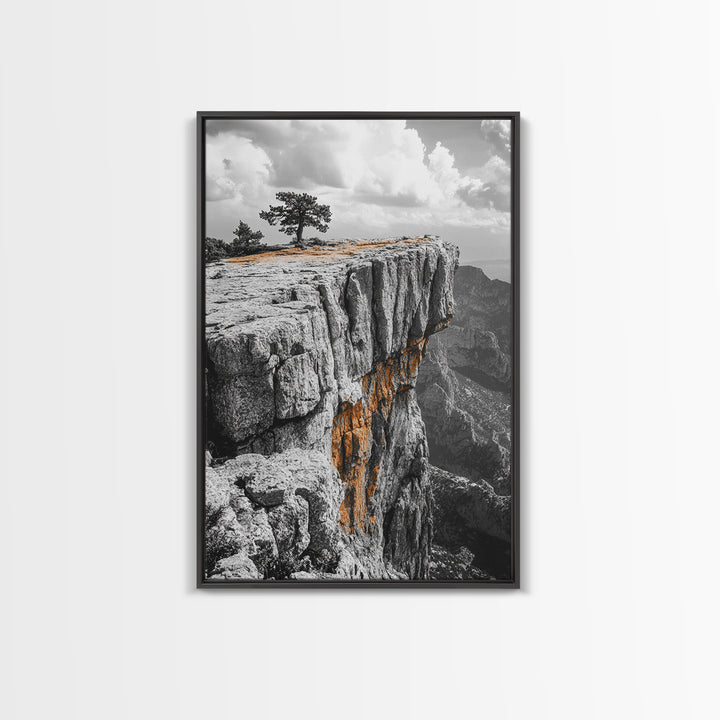 Cliffside View, Mountain Painting, Pine Tree Art, Nature Wall Art, Landscape Painting, Rustic Art, Framed Canvas Print, Moody Art