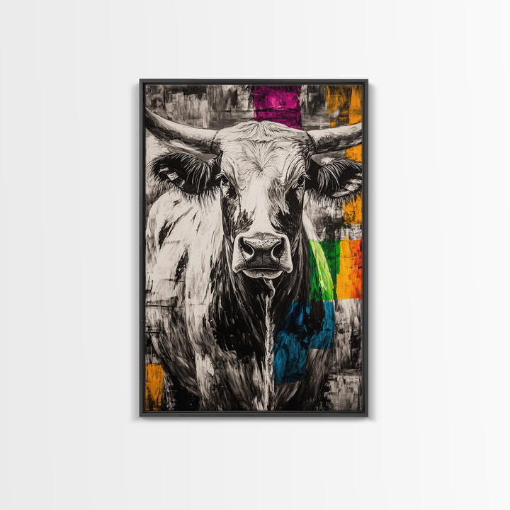Black and White Cow, rustic art, farmhouse art, bull and bear art, southwest wall art, abstract animal painting, Framed Canvas Print