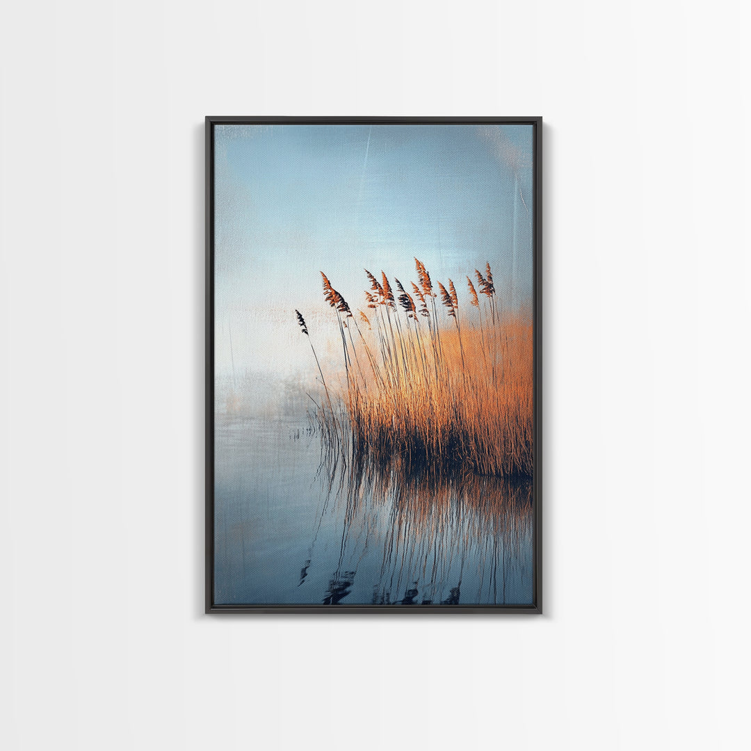 Lake Reeds Reflection, wabi sabi art, minimalist art, coastal decor, coastal landscape art, nautical painting, Framed Canvas Print