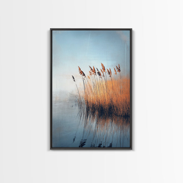 Lake Reeds Reflection, wabi sabi art, minimalist art, coastal decor, coastal landscape art, nautical painting, Framed Canvas Print