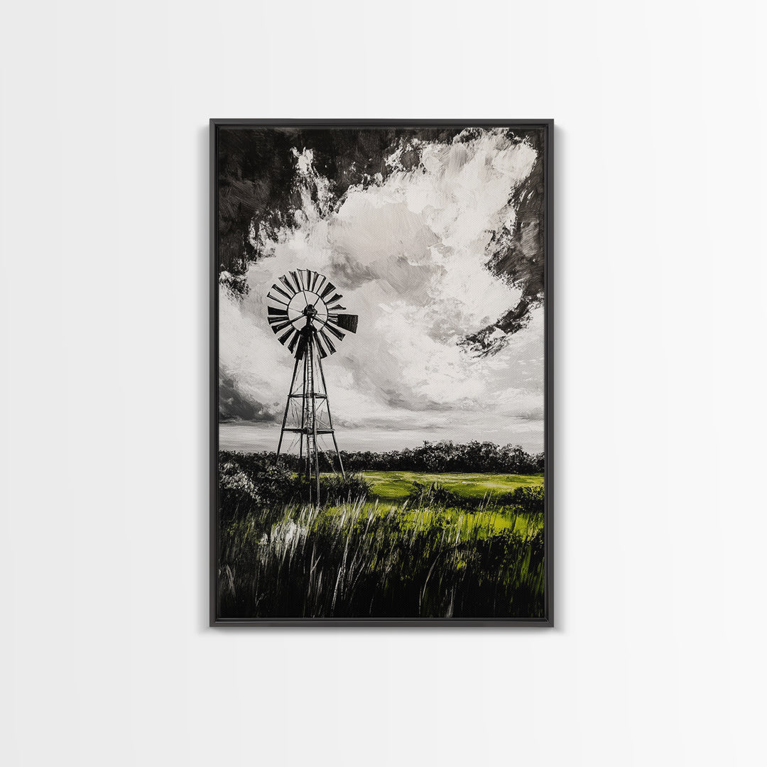 Black and White Windmill, windmill wall art, rustic decor, farmhouse art, landscape painting, framed canvas print, above bed wall art