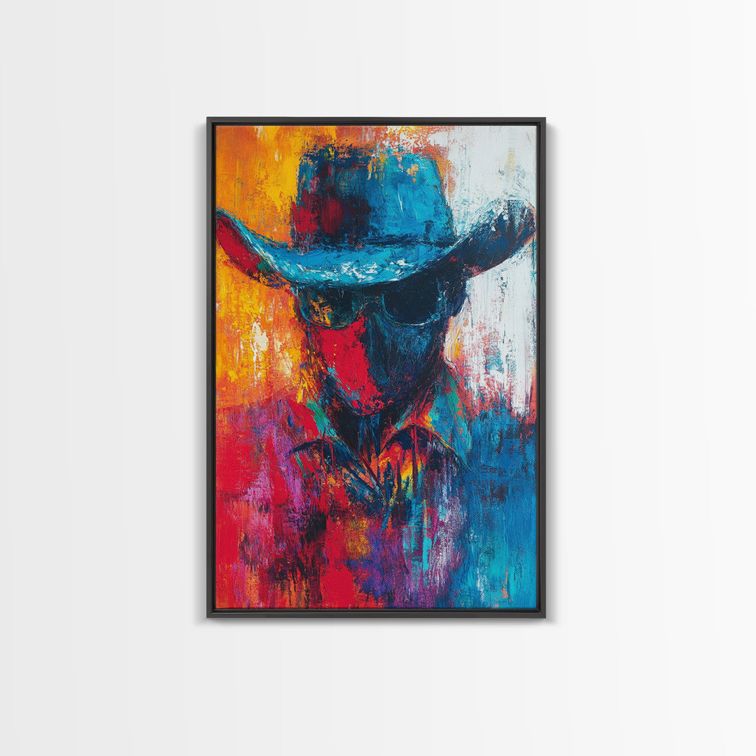 Abstract Cowboy Portrait, southwest wall art, rustic art, boho art, western art, lofi art, framed canvas print, gift idea for him
