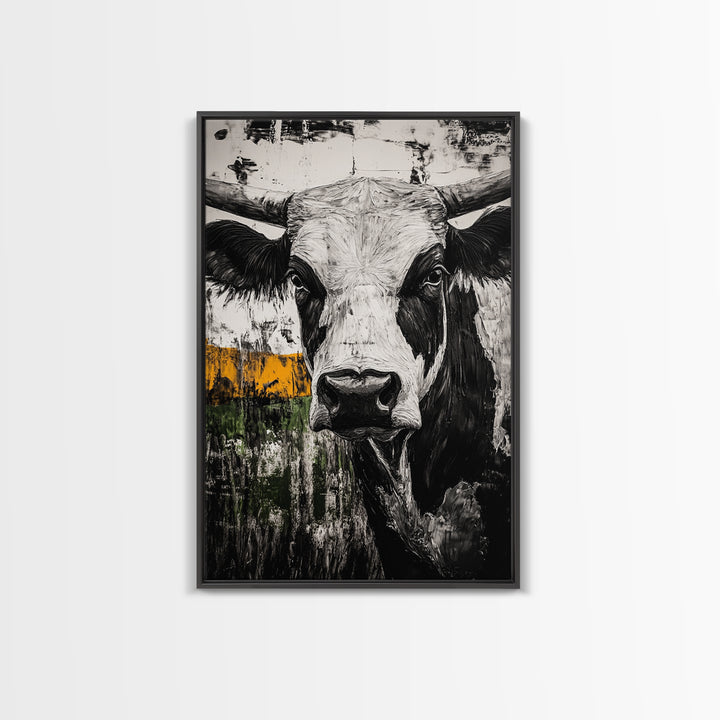 Black and White Bull, bull and bear art, rustic wall art, farmhouse art, moody art, framed canvas print, above couch art, gift idea for him