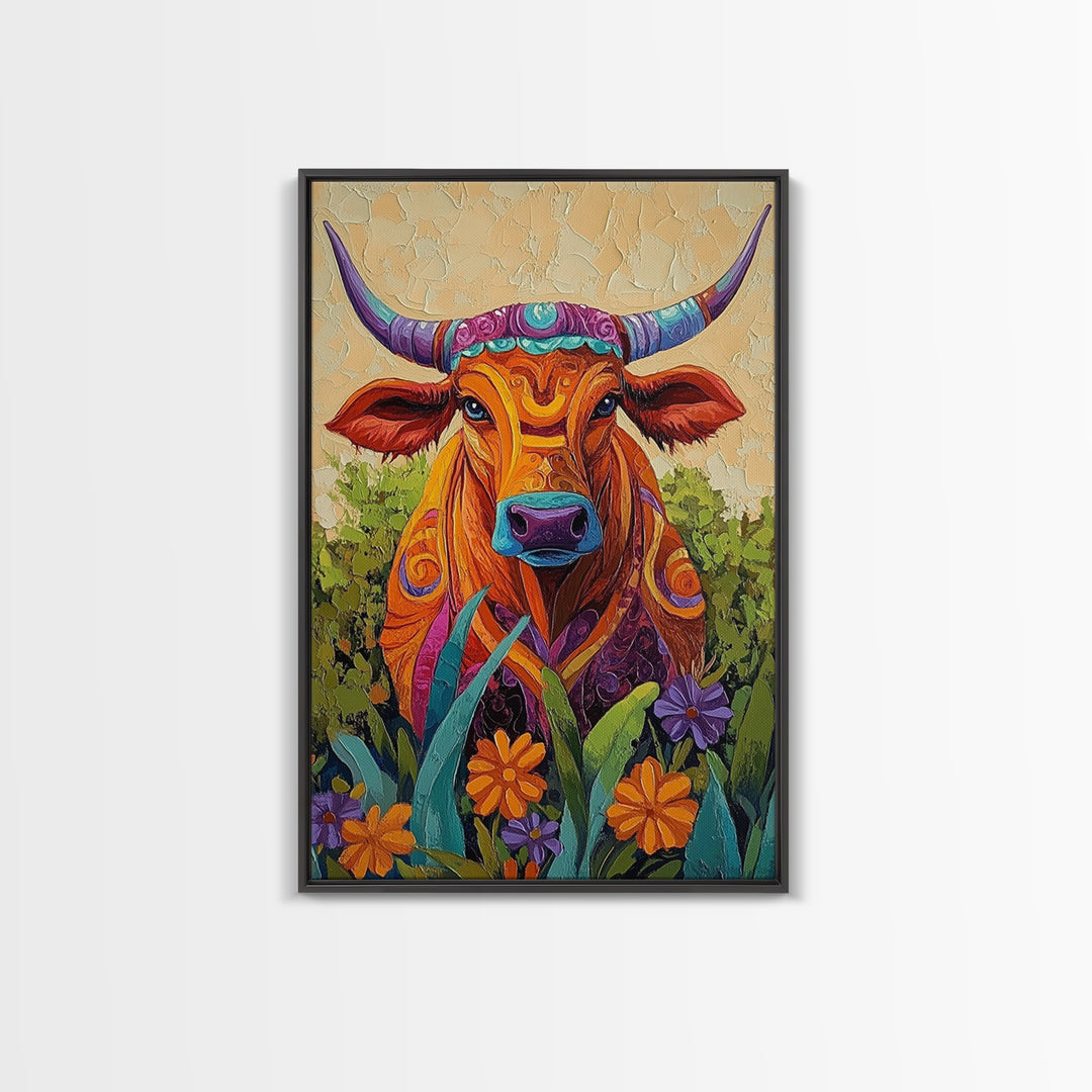 Colorful Bull Art, boho art, wabi sabi art, whimsical art, wildflower painting, framed canvas print, gift idea, rustic wall art