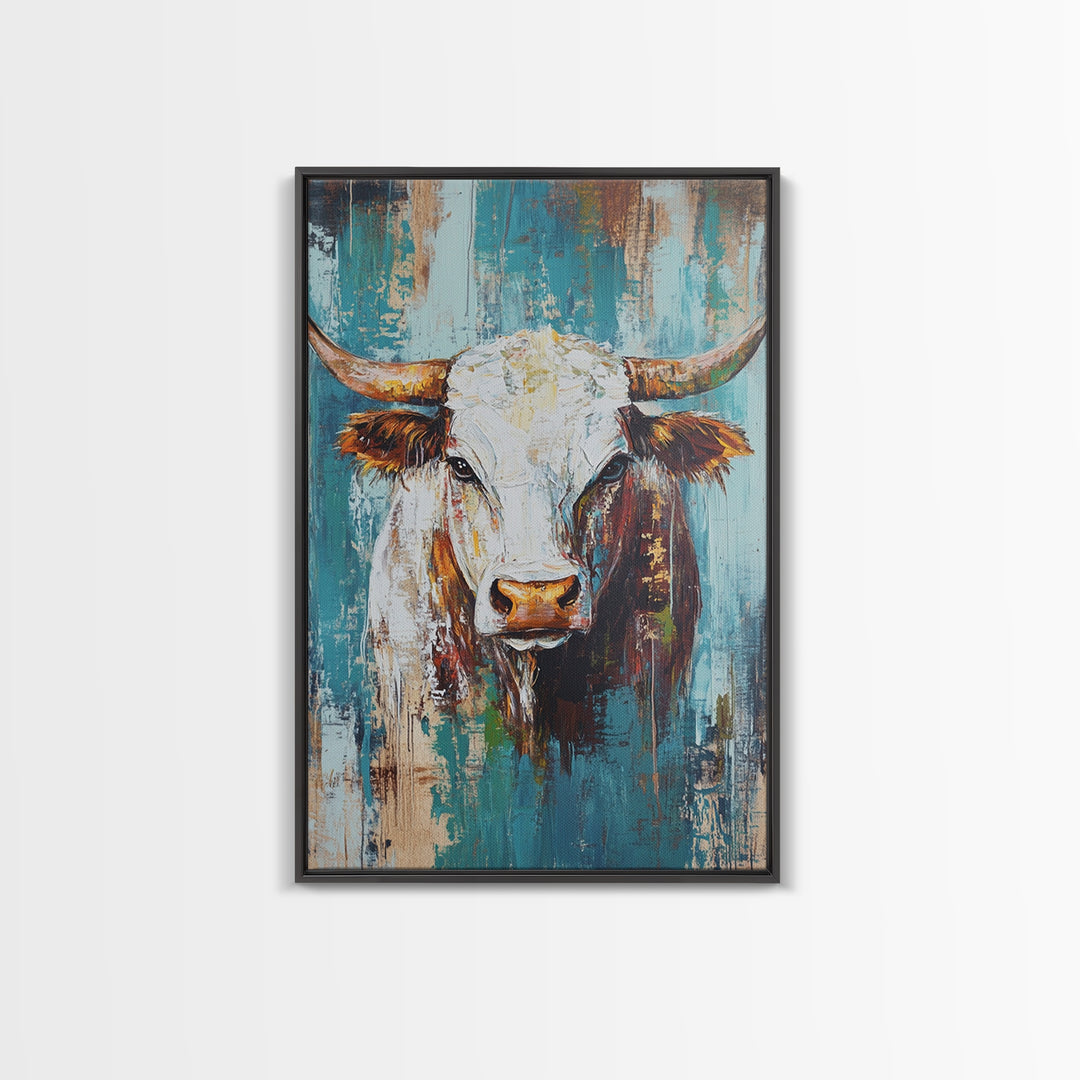 Rustic Cow Portrait, farmhouse art, rustic wall art, blue and green wall art, textured oil painting, canvas print, gift idea, wabi sabi art