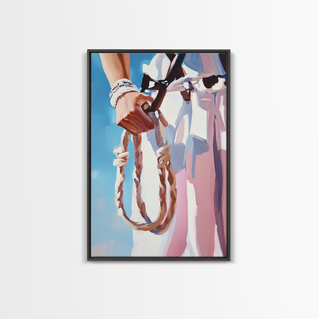 Cowgirl Holding Rope, Black Cowgirl Painting, Framed Canvas Print, Rustic Decor, Western Art, Feminine Art, Light Pink Wall Art