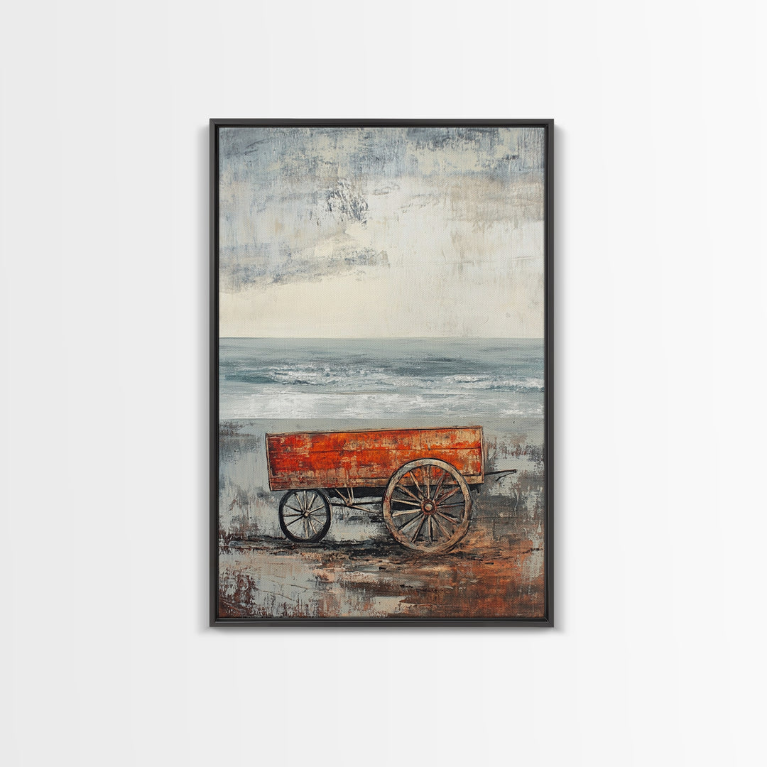 Coastal Wagon, Rustic Art, Framed Canvas Print, Nautical Decor, Moody Art, Minimalist Art, Wabi Sabi Art, Coastal Landscape Art