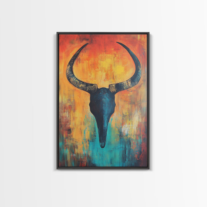 Bull skull painting, rustic wall art, western wall art, teal wall art, boho art, framed canvas print, farmhouse art, gift idea him