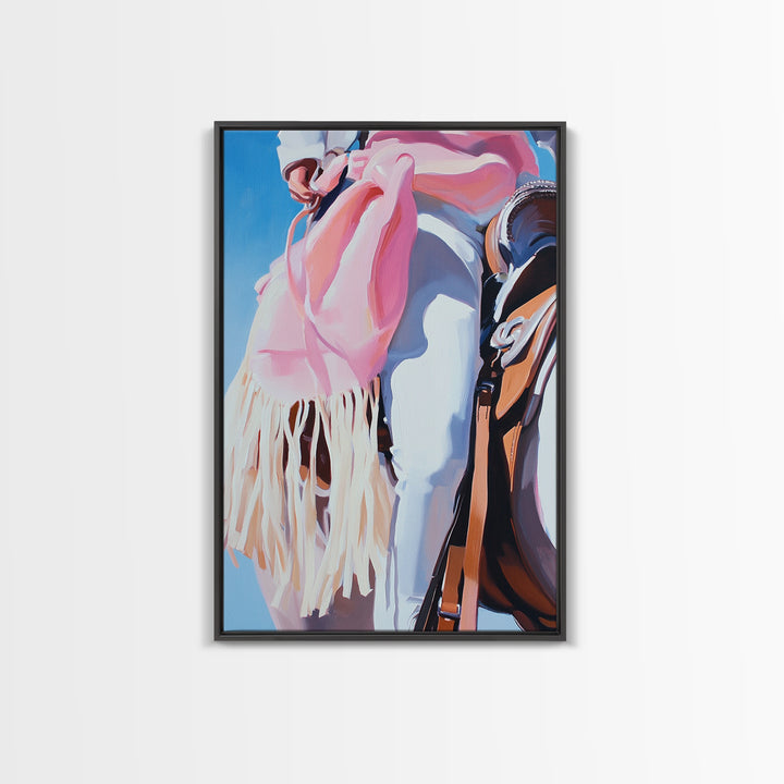 Cowgirl riding gear, western wall art, rustic decor, pink orange wall art, framed canvas print, cowboy decor, southwest wall art