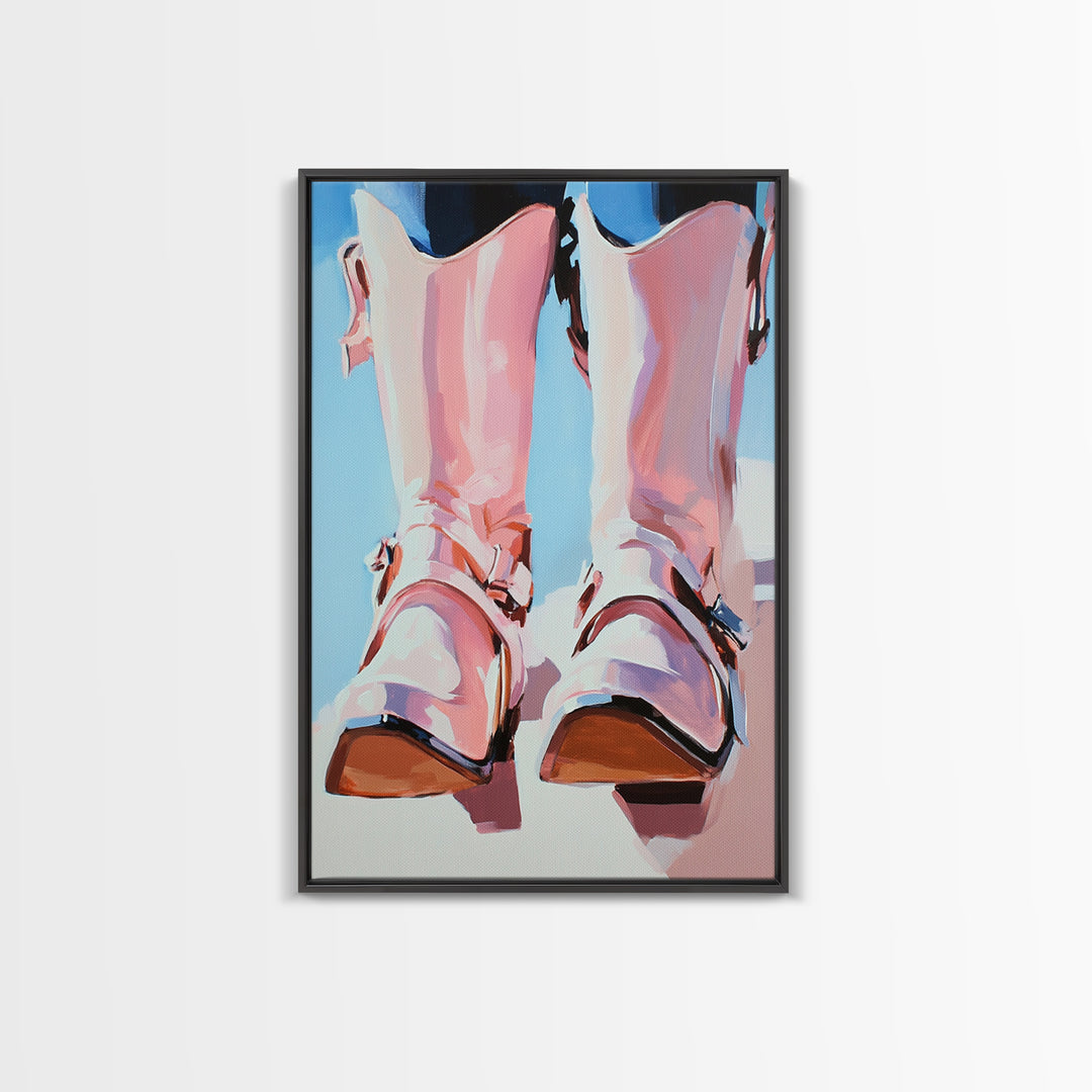 Cowboy Boots Painting, Coastal Cowgirl Wall Art, Western Decor, Farmhouse Art, Framed Canvas Print, Rustic Aesthetic, Bedroom Art, Gift Idea