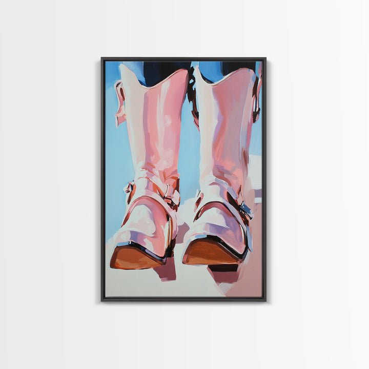 Cowboy Boots Painting, Coastal Cowgirl Wall Art, Western Decor, Farmhouse Art, Framed Canvas Print, Rustic Aesthetic, Bedroom Art, Gift Idea
