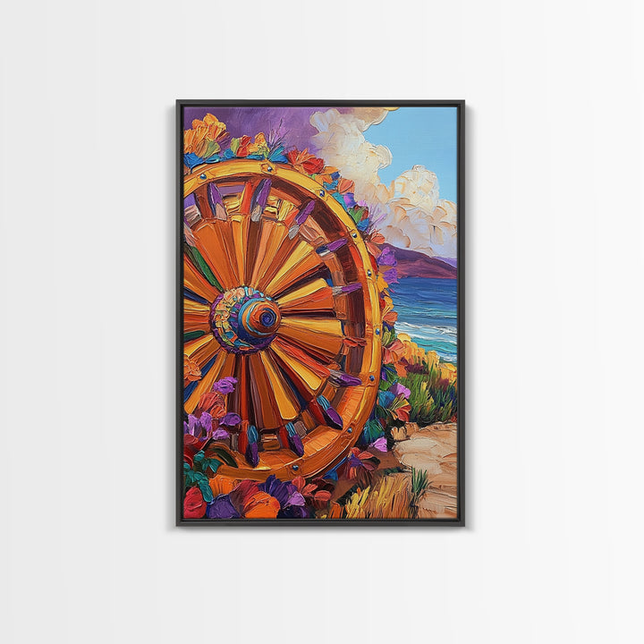 Wagon Wheel Art, Wildflower Painting, Rustic Wall Art, Framed Canvas Print, Boho Aesthetic, Southwest Decor, Farmhouse Art, Gift Idea