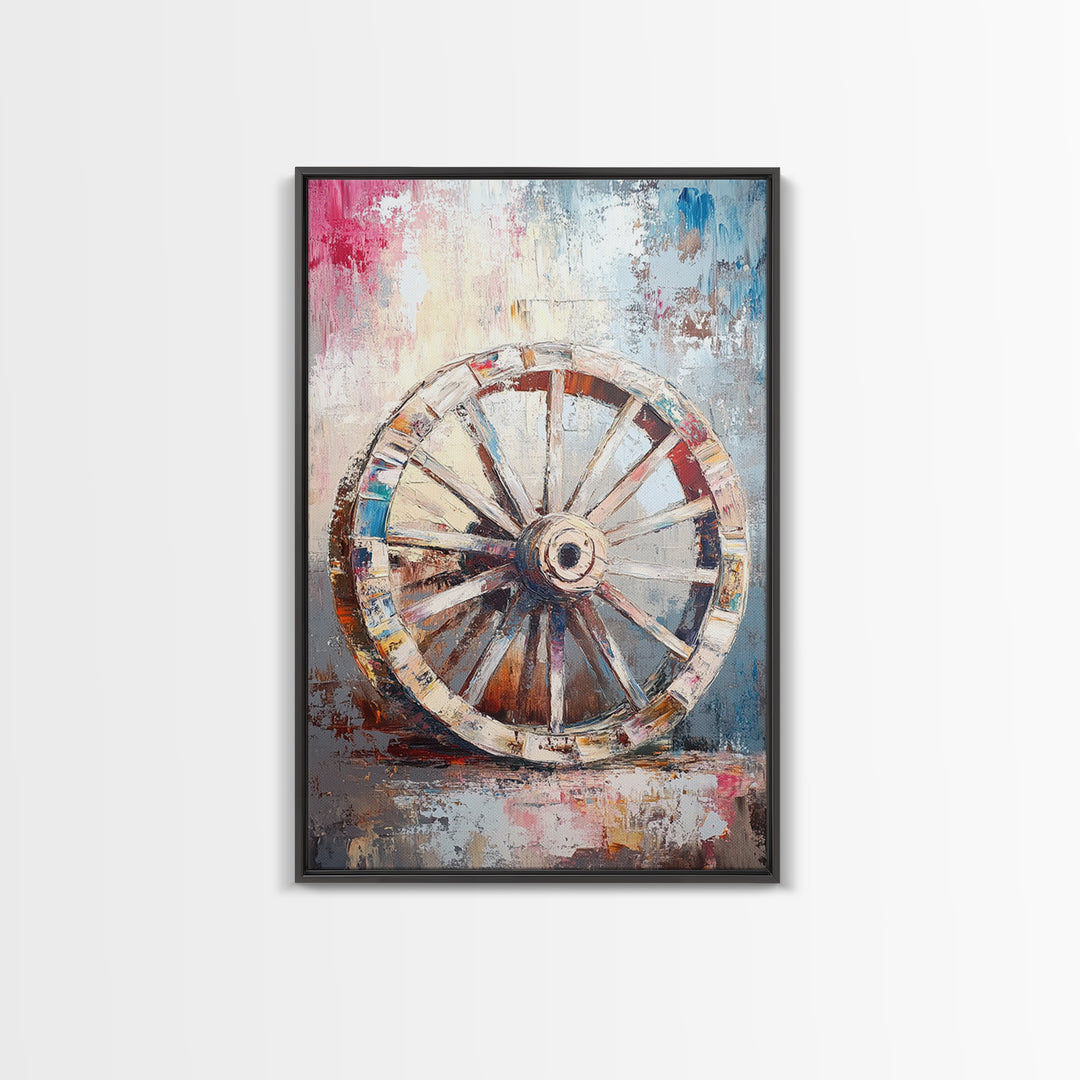 Abstract Rustic Wheel, Mosaic Wall Art, Teal Wall Art, Framed Canvas Print, Southwest Aesthetic, Moody Art, Farmhouse Decor, Gift Idea