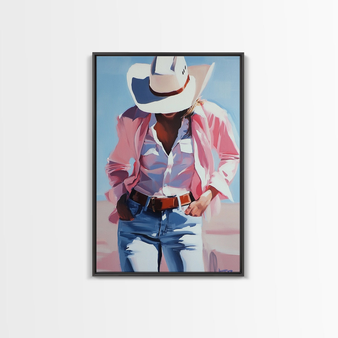 Cowgirl Painting, Coastal Cowgirl Wall Art, Western Decor, Framed Canvas Print, Rustic Aesthetic, Light Pink Wall Art, Gift Idea