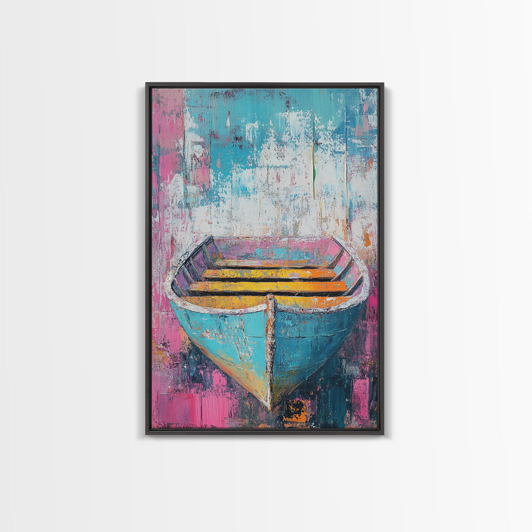 Blue Rowboat Painting, Nautical Painting, Coastal Wall Art, Rustic Decor, Extra Wide Art, Canvas Print, Farmhouse Art, Moody Art