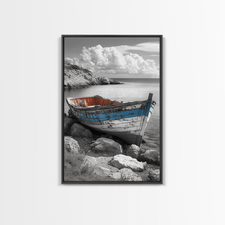 Rustic Boat Painting, Coastal Decor, Nautical Wall Art, Seascape Painting, Beach House Art, Gift Idea, Canvas Print, Wabi Sabi Art