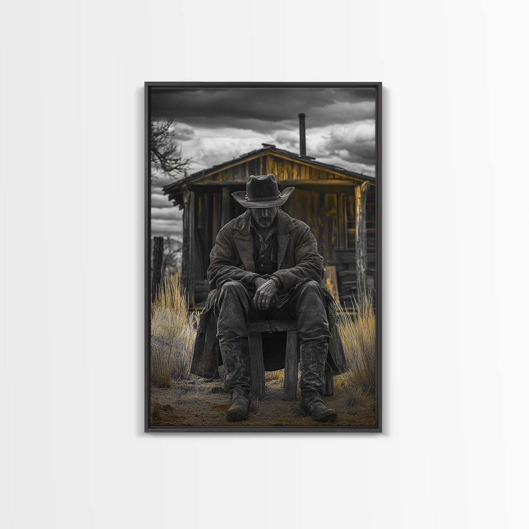 Cowboy, Rustic Barn, Moody Art, Southwest Wall Art, Farmhouse Art, Vintage Horse Art, Dark Romance Painting, Canvas Print, Gift Idea