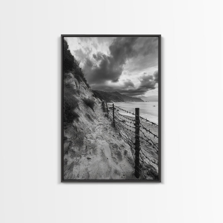 Coastal Path, stormy beach, dramatic sky, coastal wall art, black and white, framed canvas print, moody landscape, nautical decor