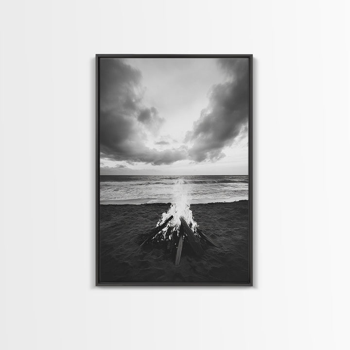 Beach Bonfire, coastal landscape art, rustic decor, moody art, dramatic seascape, black and white, framed canvas print, nautical wall art