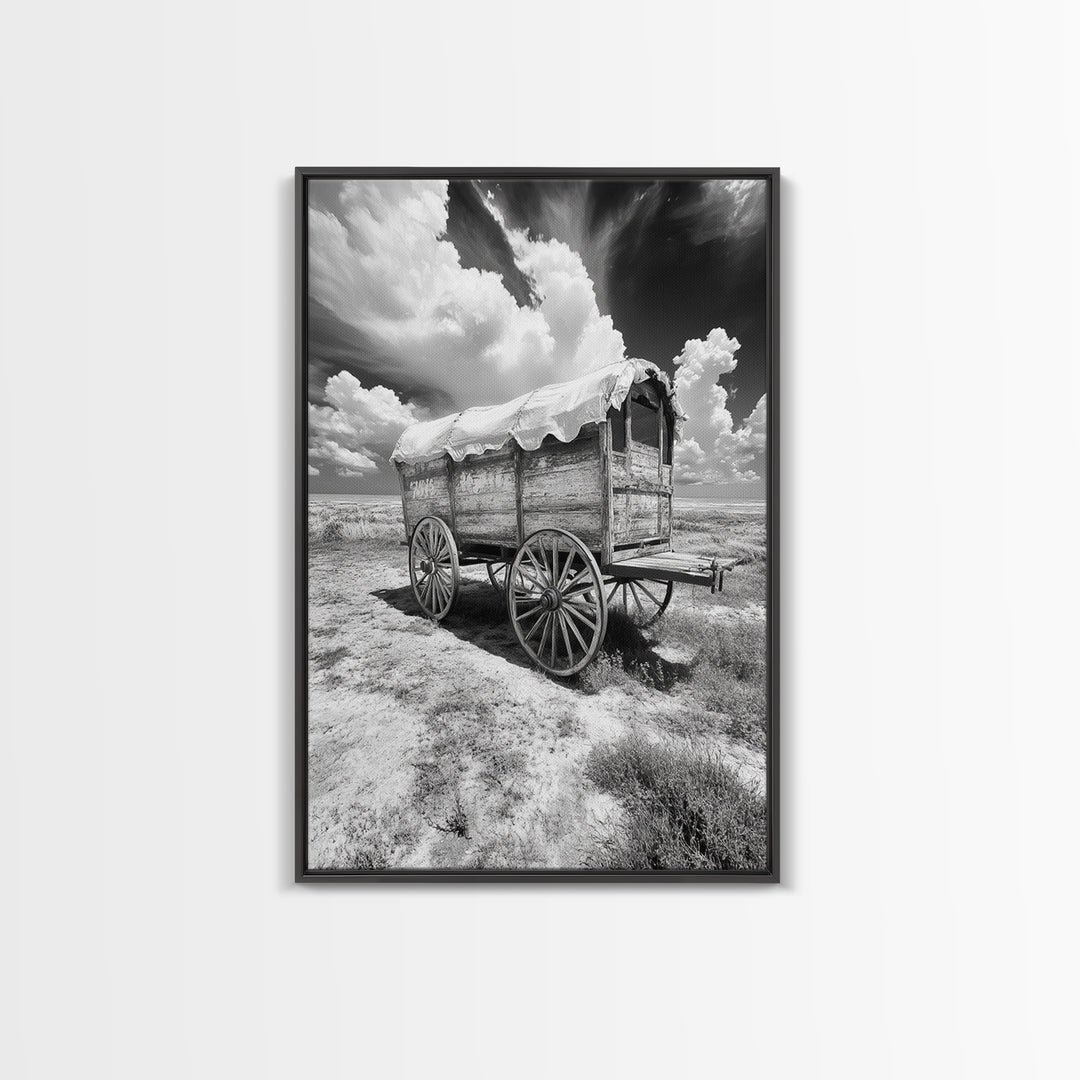 Covered wagon photography, rustic decor, framed canvas print, southwest wall art, farmhouse art, western aesthetic, black and white photography