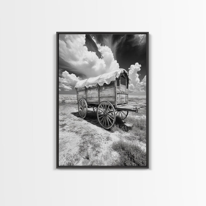 Covered wagon photography, rustic decor, framed canvas print, southwest wall art, farmhouse art, western aesthetic, black and white photography