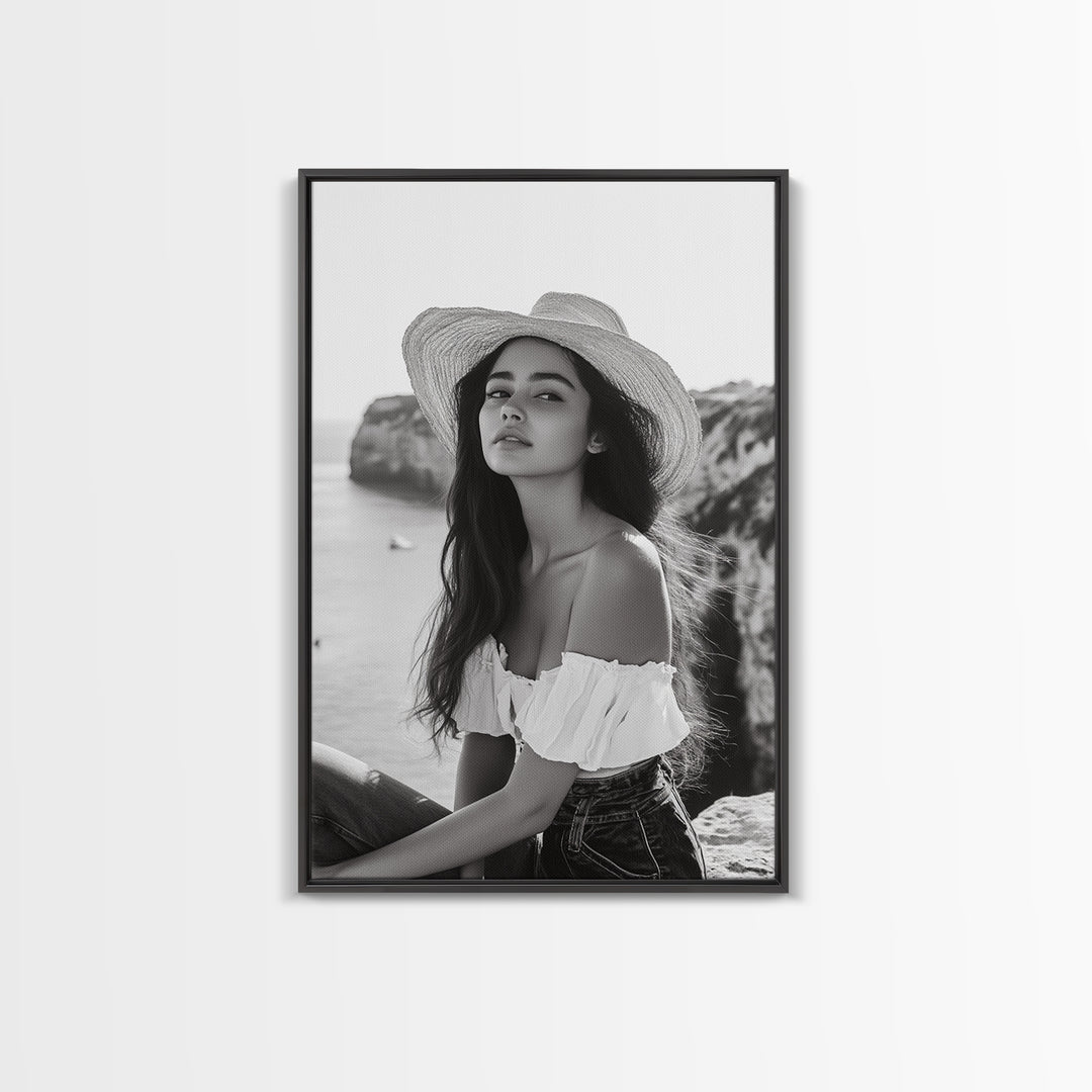 Coastal cowgirl wall art, boho art, framed canvas print, ocean photography, rustic decor, beach aesthetic, seascape painting, black and white art