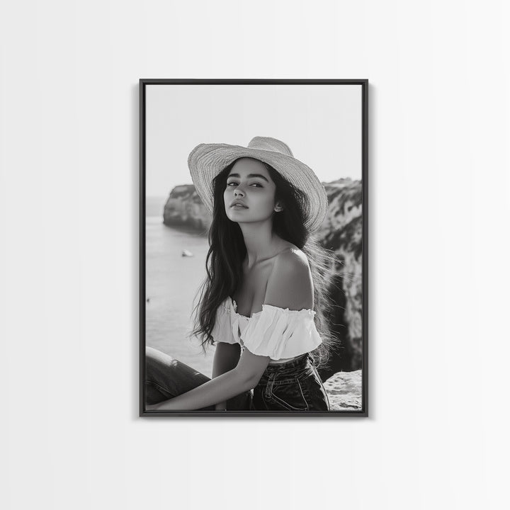 Coastal cowgirl wall art, boho art, framed canvas print, ocean photography, rustic decor, beach aesthetic, seascape painting, black and white art