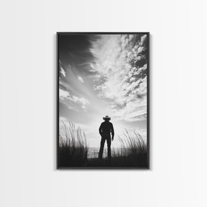 Lone Cowboy, coastal cowgirl wall art, moody art, western art, rustic decor, wabi sabi art, framed canvas print, extra wide art