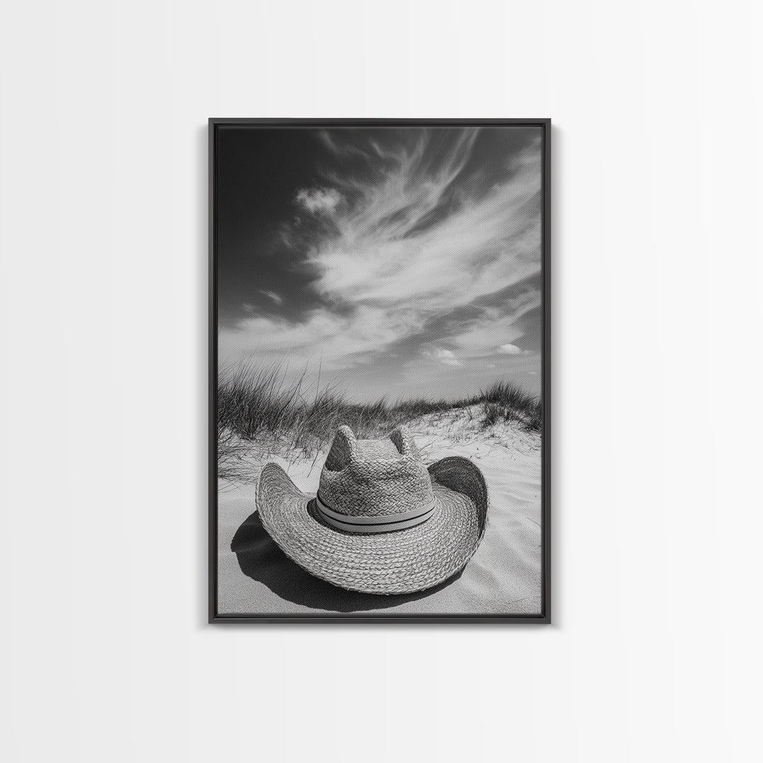 Straw Hat, coastal cowgirl wall art, wabi sabi art, beach photography, western decor, rustic art, framed canvas print, minimalist art